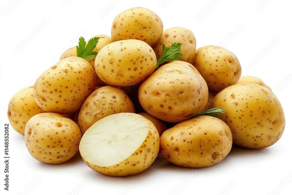 Pile of fresh yellow potatoes with sliced ones. Potatoes isolated on white background. Image good for displaying potatoes as ingredients in cooking agriculture concepts. Potatoes ready to use as food Pile of fresh yellow potatoes with sliced ones. Potatoes isolated on white background. Image good for displaying potatoes as ingredients in cooking agriculture concepts. Potatoes ready to use as food