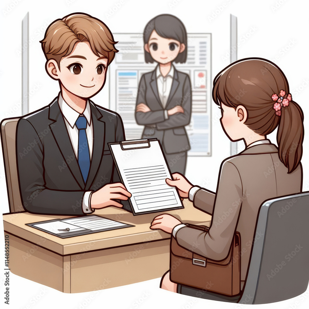 Asian young female job interview with asian young male interviewer in office setting Asian young female job interview with asian young male interviewer in office setting