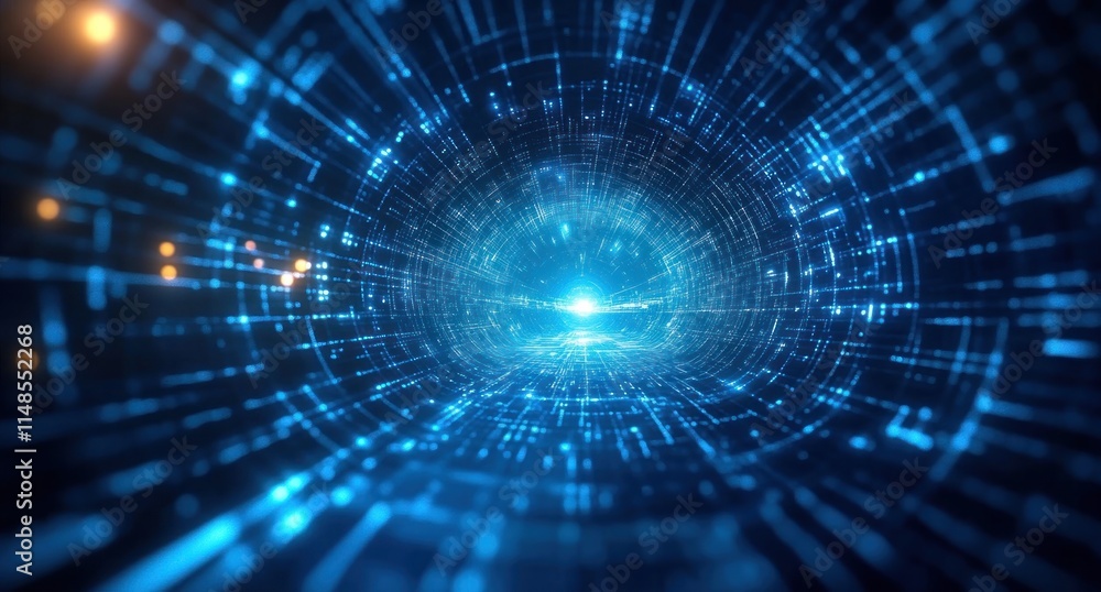 Obraz premium Abstract digital tunnel of glowing blue lines and data.