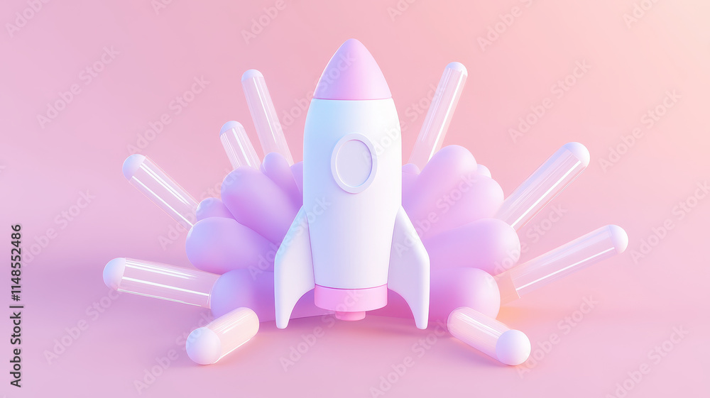 playful rocket icon symbolizes entrepreneurial spirit, surrounded by soft pastel elements playful rocket icon symbolizes entrepreneurial spirit, surrounded by soft pastel elements