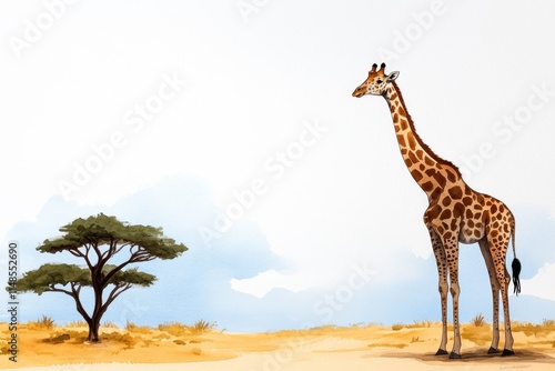 A watercolor painting of a giraffe standing in a golden savanna, with soft, blended hues creating a serene atmosphere photo