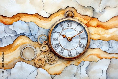 A watercolor painting of a vintage clock with partially visible gears, softly blending golden and brown tones photo