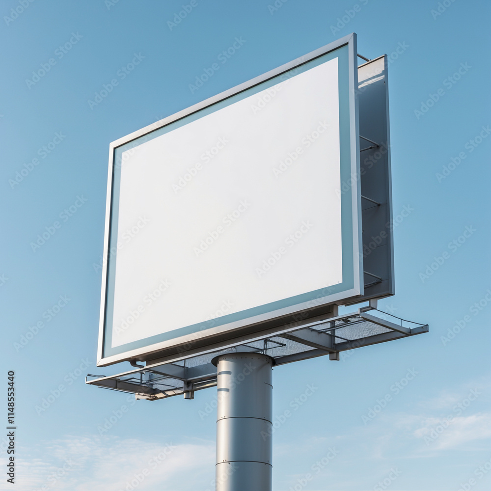 Fototapeta premium An outdoor pole billboard with a rectangular white mock-up screen, standing tall against a clear blue sky.
