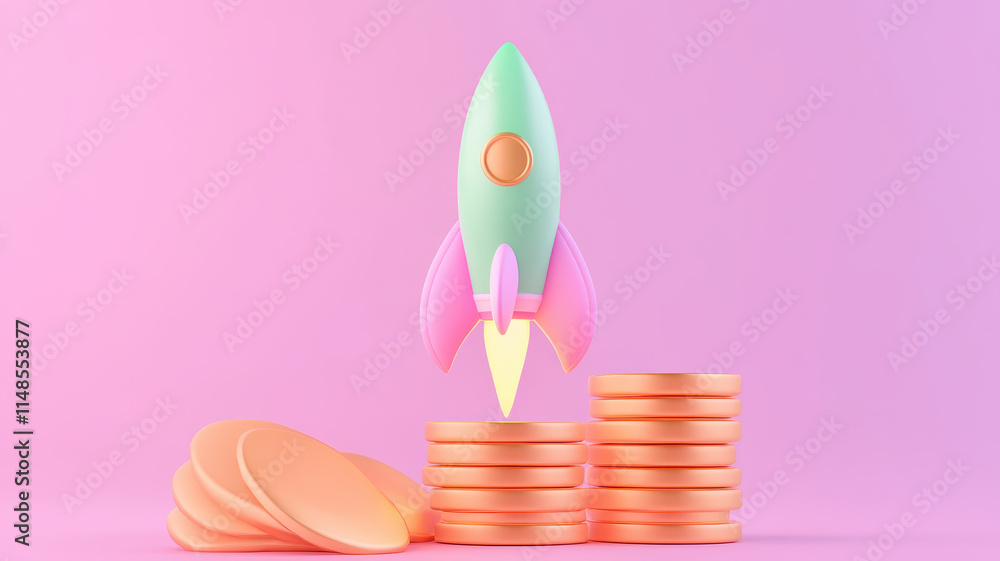 colorful rocket launching from stack of coins symbolizes investment growth and innovation