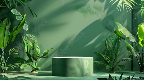 Green backdrop with a podium design for an organic products advertisement showcasing new foliage photo