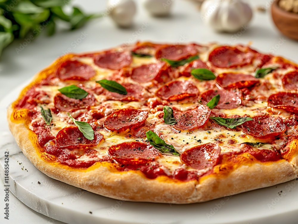 National Pizza Day Delicious Pepperoni Pizza Basil Cheese Italian Food Gourmet Meal National Pizza Day Delicious Pepperoni Pizza Basil Cheese Italian Food Gourmet Meal