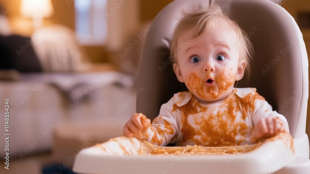 Caucasian baby enjoys messy spaghetti meal in high chair Caucasian baby enjoys messy spaghetti meal in high chair
