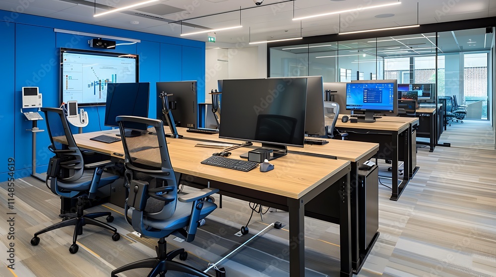 room with chairs and tables and computers room with chairs and tables and computers