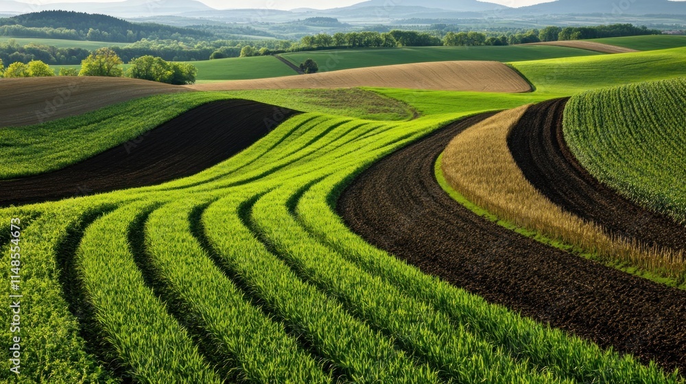 Rolling green and brown farm fields under a clear sky. Rolling green and brown farm fields under a clear sky.