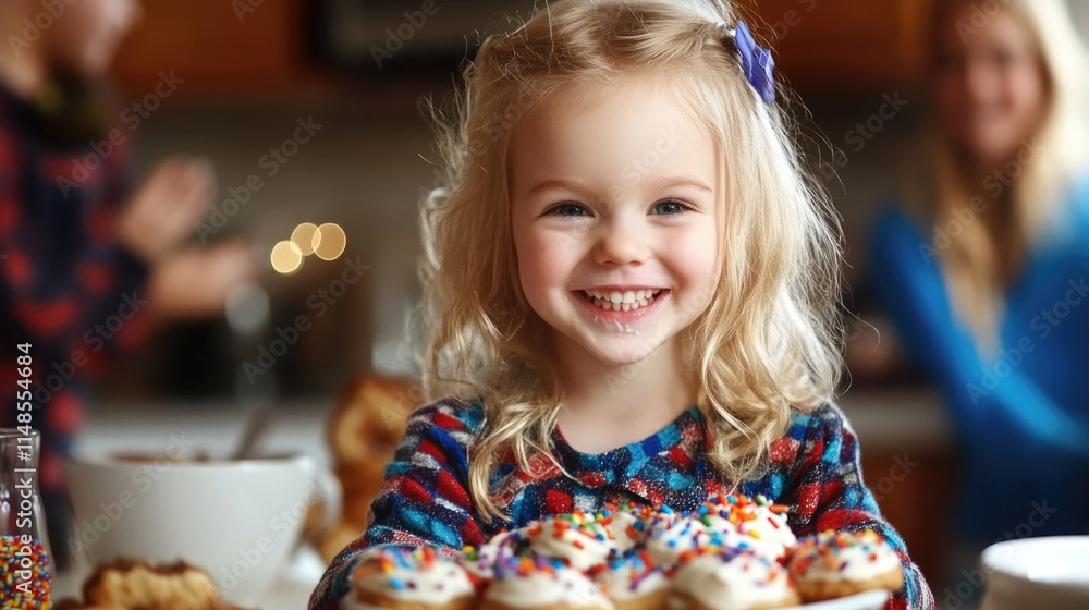 Happy caucasian female child with blond hair enjoying colorful sprinkled cupcakes indoors Happy caucasian female child with blond hair enjoying colorful sprinkled cupcakes indoors