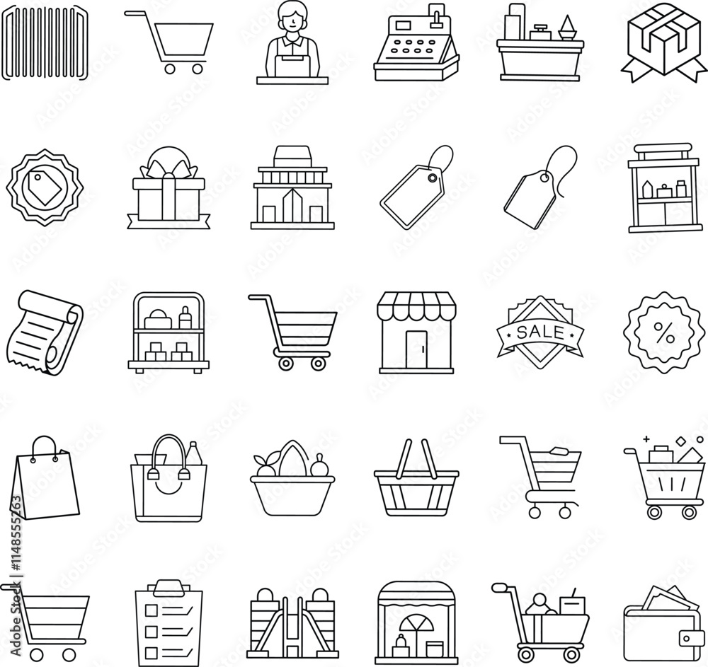 Retail Shopping Icons Cart, Store, Sale, Market, Price Tags Retail Shopping Icons Cart, Store, Sale, Market, Price Tags