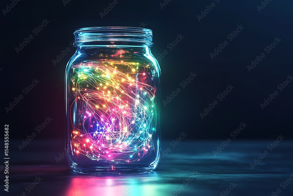 Glass jar with glowing lights on bokeh background Glass jar with glowing lights on bokeh background