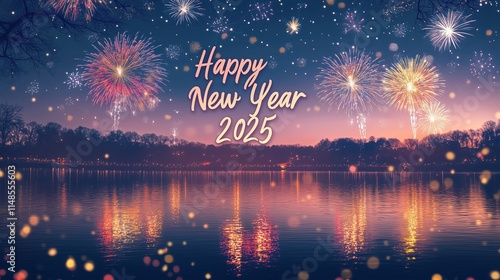 Happy New Year 2025: A Vibrant Lakeside Firework Celebration