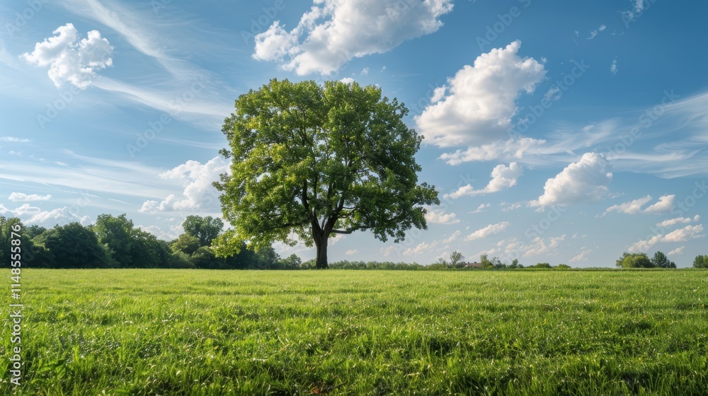 Stability and Growth: Majestic Tree in Lush Green Meadow Under Clear Blue Sky Stability and Growth: Majestic Tree in Lush Green Meadow Under Clear Blue Sky