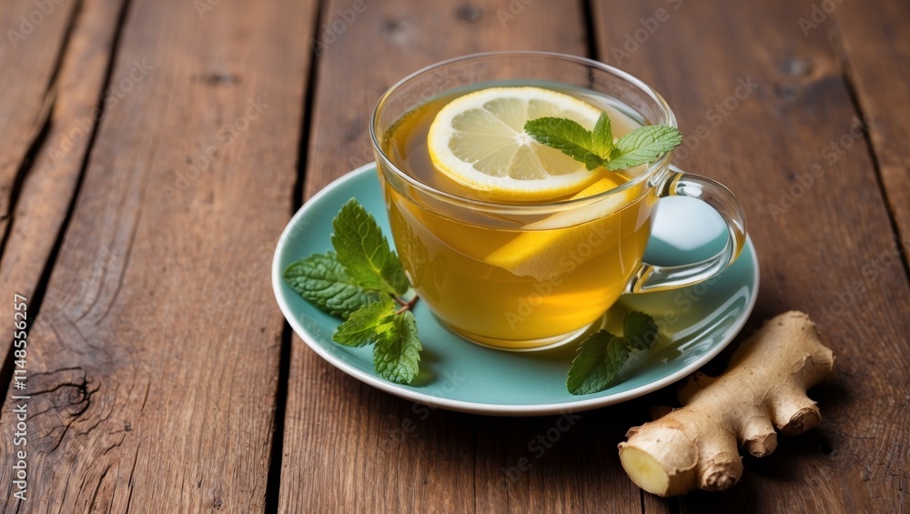 Cup of ginger tea with lemon and mint Cup of ginger tea with lemon and mint