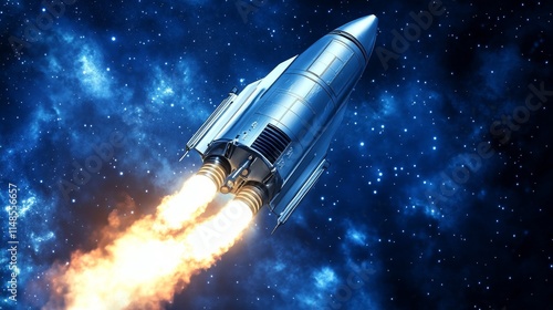 A rocket ascending through space, leaving flames and smoke behind.