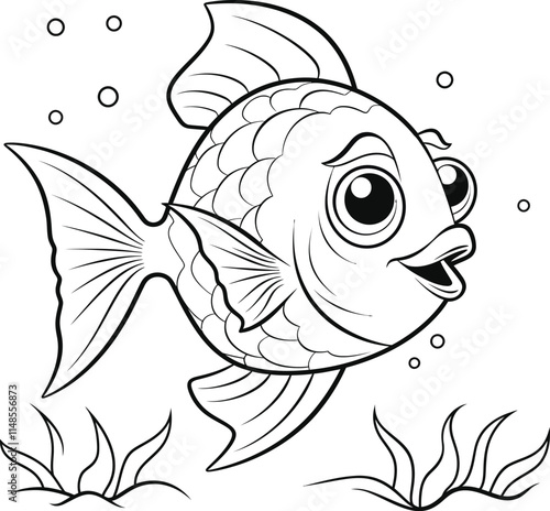 Simple black and white illustration of a fish with clear outlines and details.