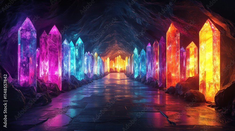 A mystical cave illuminated by vibrant, colorful crystals lining a dark pathway. A mystical cave illuminated by vibrant, colorful crystals lining a dark pathway.