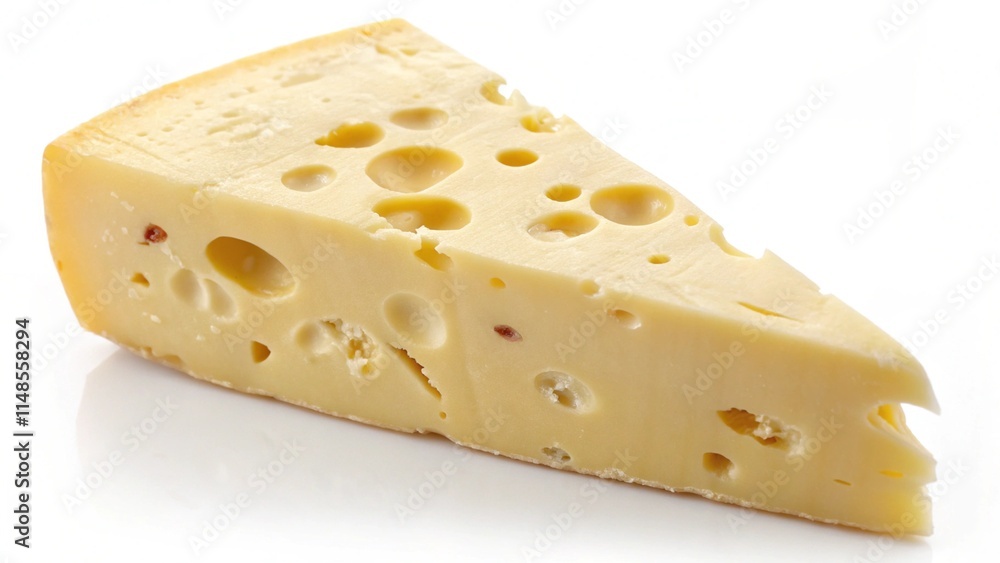 Close-up of a slice of gourmet cheese highlighted on a white background Close-up of a slice of gourmet cheese highlighted on a white background