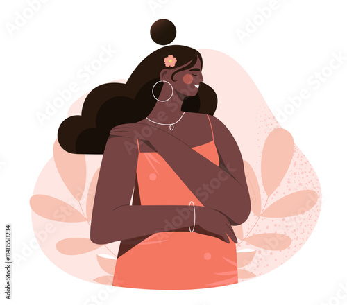 Confident woman with dark wavy hair, wearing an orange dress, adorned with jewelry and a flower in her hair. Self confidence, acceptance, body positivity. Cartoon flat vector illustration