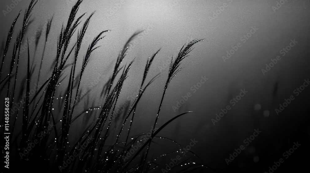 Obraz premium Dew Drops on Grasses in Misty Background Creating Ethereal Atmosphere