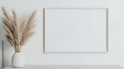 Minimalist Living Room with Empty Frame, Modern Interior Design, White Wall, Console Table, Pampas Grass in Vase, Space for Artwork Display, 3D Rendered Scene