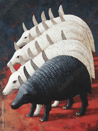 A captivating artwork featuring stylized armadillos, showcasing contrasting colors and unique patterns. photo