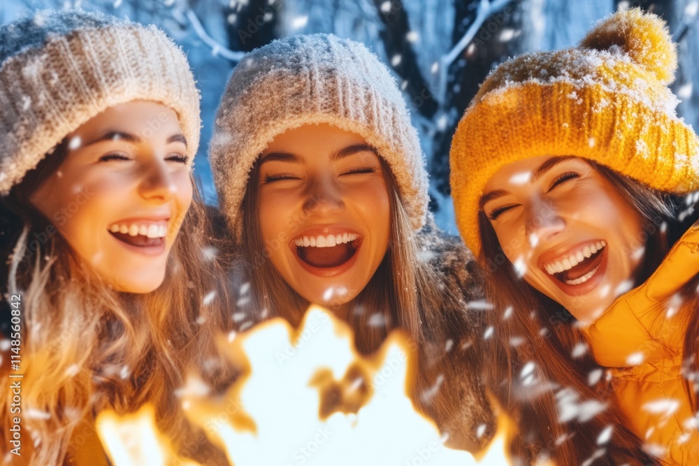 Fototapeta premium Three young caucasian female friends laughing around a winter campfire with snowflakes