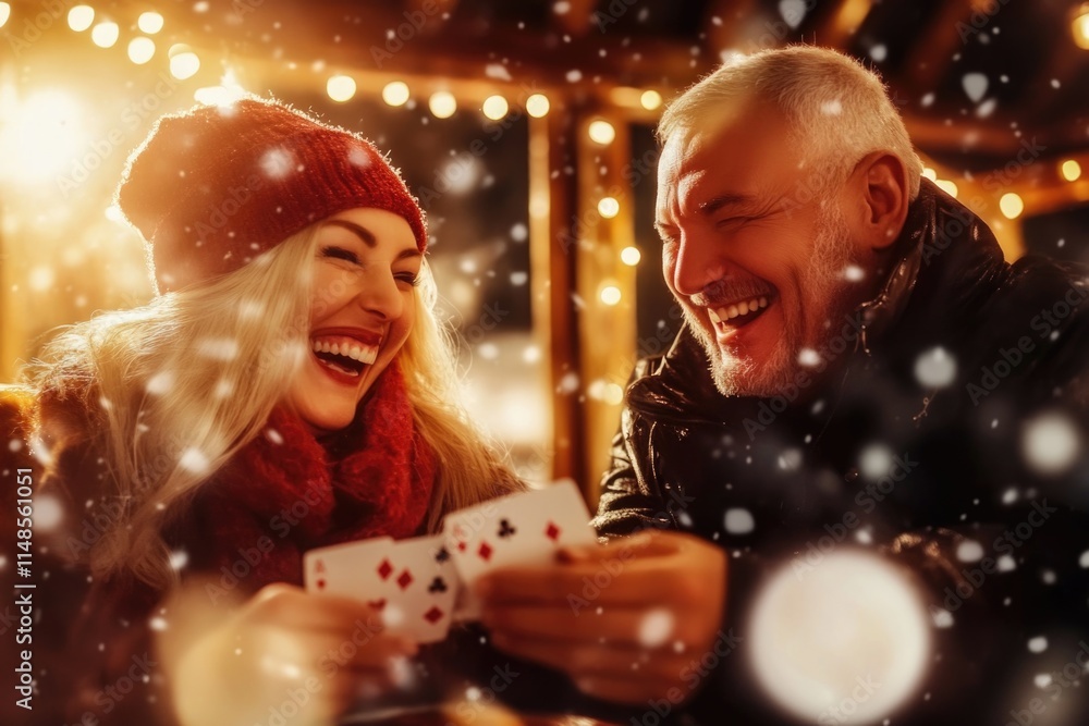 Joyful winter evening: caucasian young female and mature male enjoying card game in snowy setting Joyful winter evening: caucasian young female and mature male enjoying card game in snowy setting