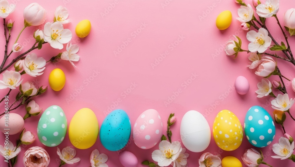 Easter eggs and spring blossom on pink background Easter eggs and spring blossom on pink background