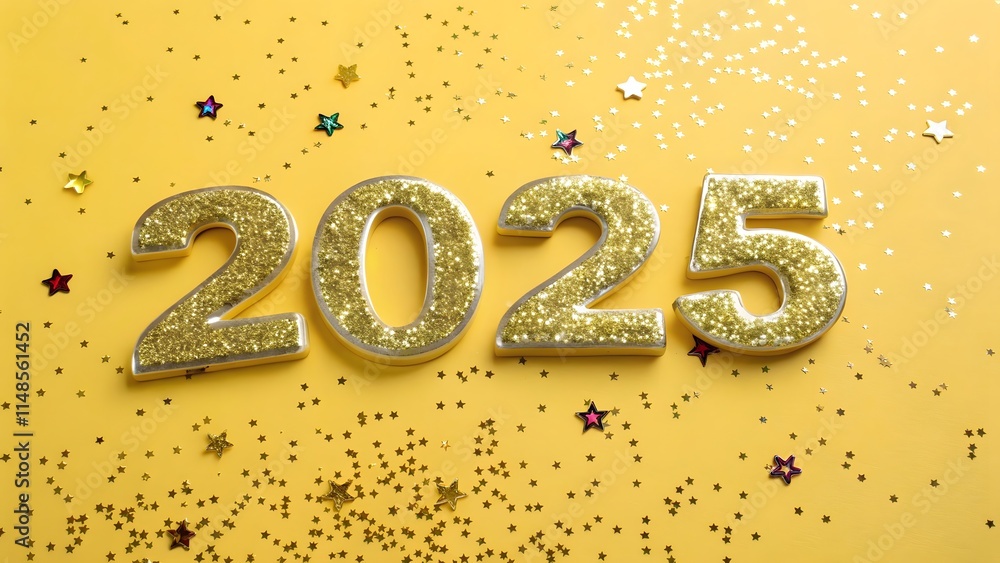 Gold Numbers 2025 With Sequins And Glitter On A gold snowy background Christmas New Year Greeting Card Gold Numbers 2025 With Sequins And Glitter On A gold snowy background Christmas New Year Greeting Card