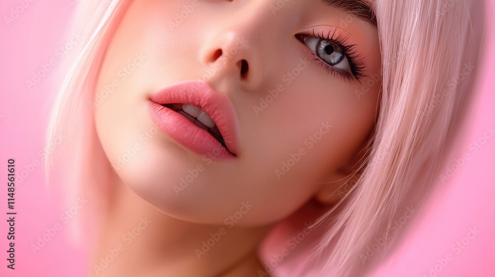 Caucasian female with pink hair and makeup against pink background Caucasian female with pink hair and makeup against pink background