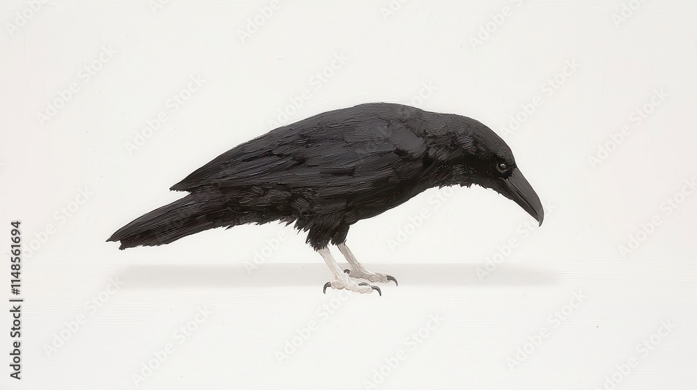 Naklejka premium Raven Artwork on White Canvas, a striking depiction of a raven rendered in vibrant colors set against a stark white backdrop, emphasizing its intricate details and artistry.