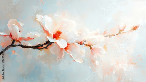 Fototapeta Naklejka Na Ścianę i Meble -  Magnolia Blossom Wallpaper, Hand-painted watercolor design featuring exquisite magnolia flowers, soft colors, ideal for creating a serene and elegant atmosphere in any space.