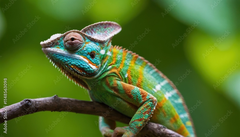 Close-up of a colorful chameleon perched on a weathered branch, against a blurred, lush green background. Close-up of a colorful chameleon perched on a weathered branch, against a blurred, lush green background.