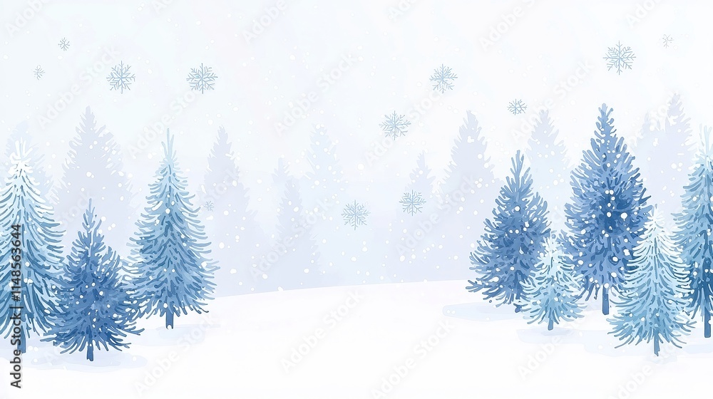 Fototapeta premium Winter Pine Forest Watercolor, hand-painted conifer trees blanketed in snow, evokes a serene holiday spirit, ideal for festive decorations and seasonal art.