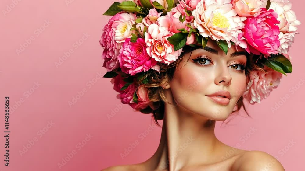 Spring wellness theme, model with flower crown and closed eyes in beauty portrait on pink background copy space for your text Spring wellness theme, model with flower crown and closed eyes in beauty portrait on pink background copy space for your text