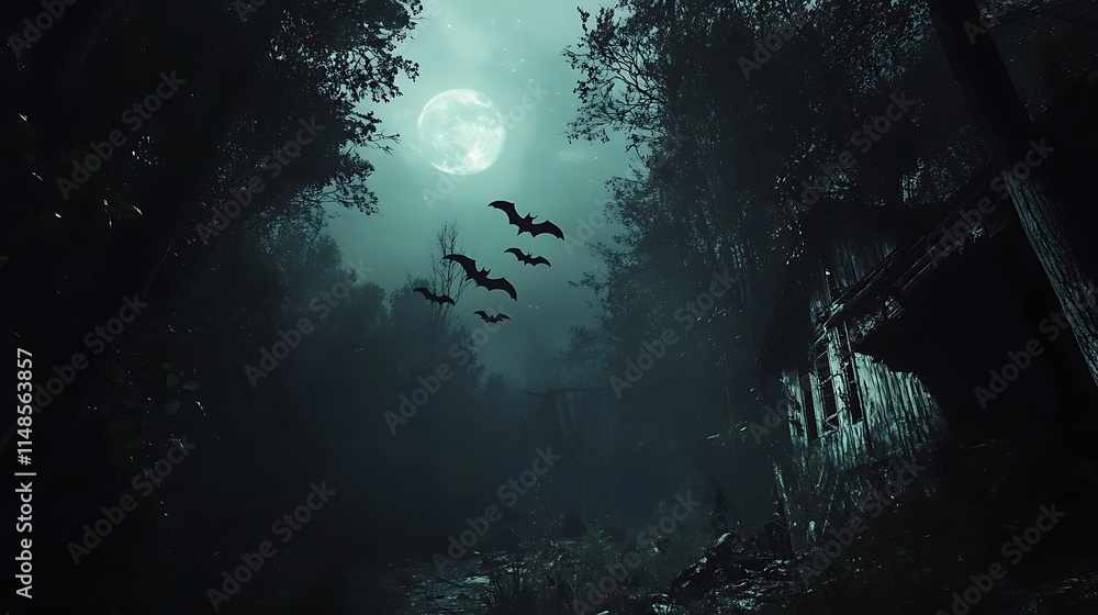 Fototapeta premium Halloween background with old wooden house and bats flying in the night
