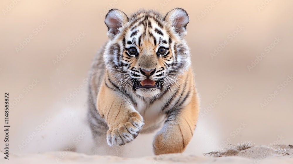 Obraz premium A playful tiger cub runs dynamically toward the camera, kicking up sand in a warm, blurred desert environment.