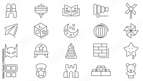 Toys line icon set. Child, care, toys, books, creative, kids, study, skill, brain, kindergarten, bags, cognitive, learn, playground, weapon, table line icon set. UI thin line icon pack.