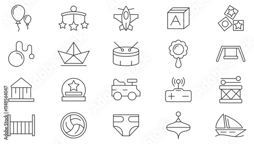 Toys line icon set. Child, care, toys, books, creative, kids, study, skill, brain, kindergarten, bags, cognitive, learn, playground, weapon, table line icon set. UI thin line icon pack.