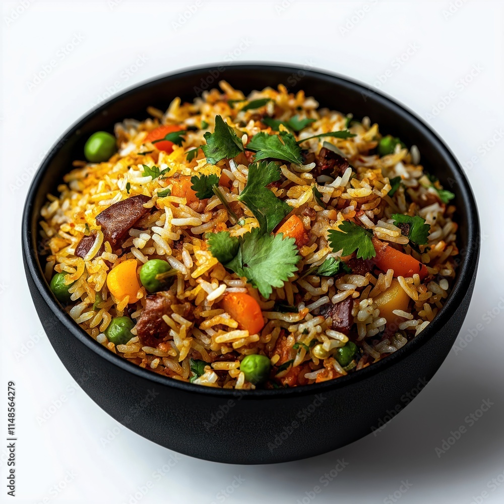 Delicious vegetable biryani in black bowl. Aromatic spices, herbs. Colorful vegetables, rice. Hearty, healthy meal. Traditional Indian cuisine. Appetising, tasty food. Perfect for dinner festive Delicious vegetable biryani in black bowl. Aromatic spices, herbs. Colorful vegetables, rice. Hearty, healthy meal. Traditional Indian cuisine. Appetising, tasty food. Perfect for dinner festive