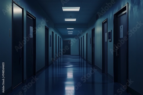 Interior of a hospital corridor with black doors