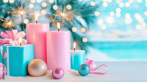 Pink and blue candles with sparklers, gift boxes, and glittery ornaments create a festive and elegant holiday display against a blurred winter background. A cozy and magical celebration scene photo