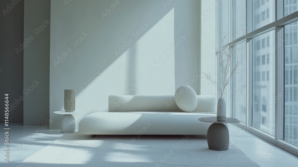 Fototapeta premium Minimalist room with modern, sparse furniture. Featuring soft tones and simple layout