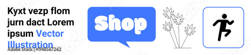 Shopping sign in blue bubble, text block with placeholder, plants, and running figure all in minimalist style. Ideal for online stores, e-commerce, outdoor activities, sports gear shops, and fitness