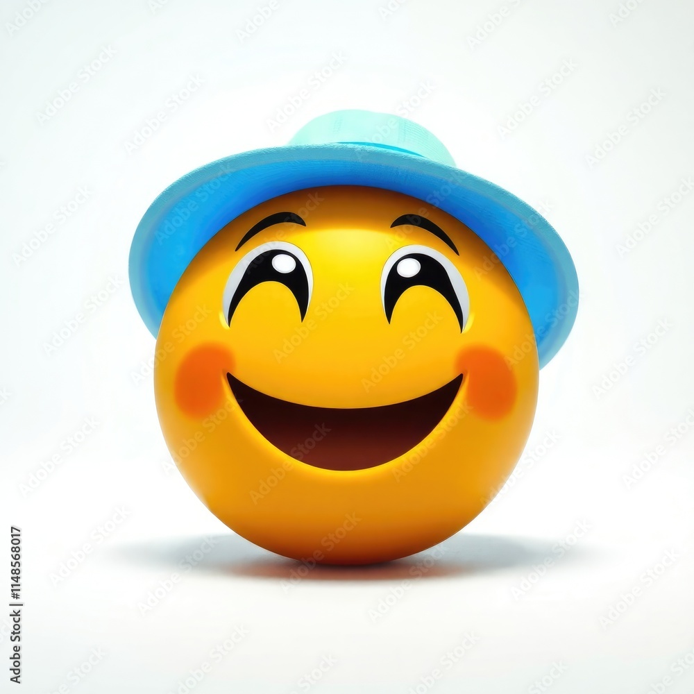 Fototapeta premium A cheerful emoji with a bright smile and blue hat radiates joy and excitement, capturing playfulness and delight in its vibrant expression