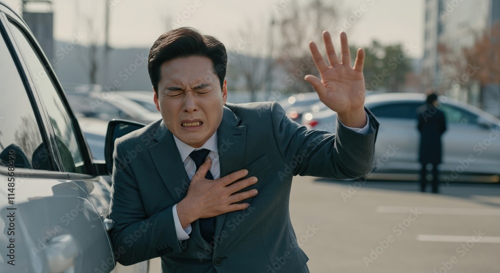 Asian businessman in pain holding chest in parking lot scene Asian businessman in pain holding chest in parking lot scene