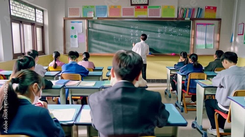 Asian students solving math problems in a classroom environment