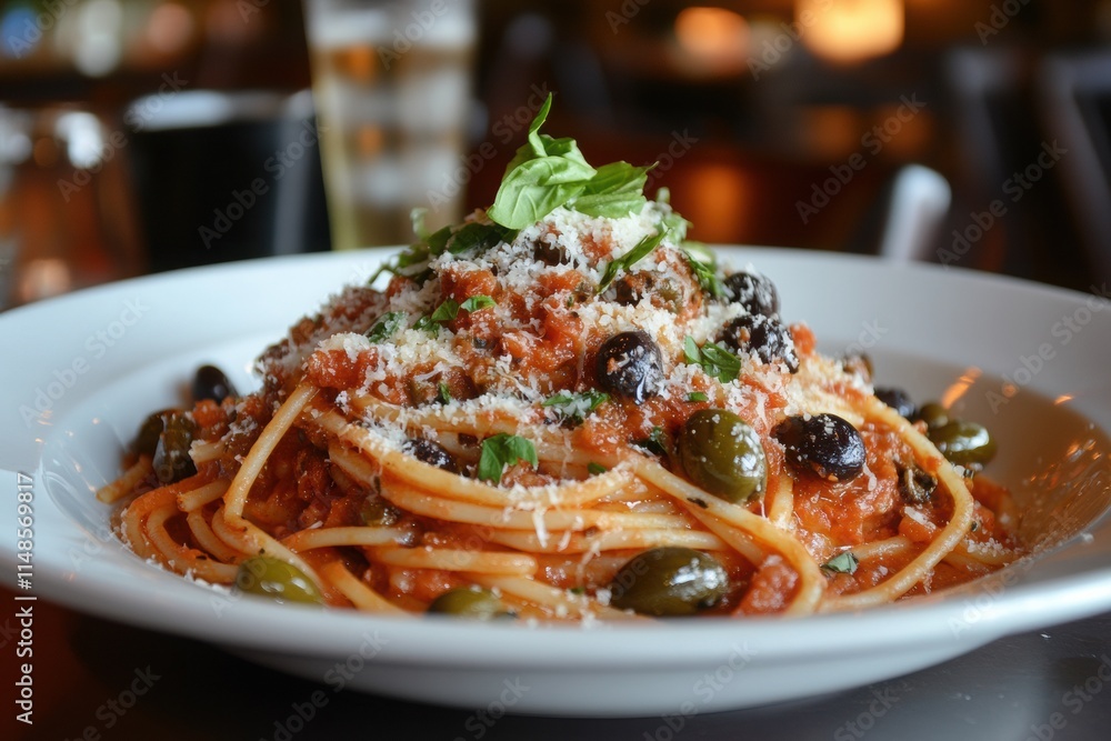 Spaghetti pasta served with tomato sauce olives and parmesan cheese Spaghetti pasta served with tomato sauce olives and parmesan cheese